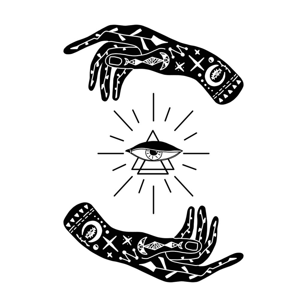 hand, symbol, magic, sign, nature, triangle, eye, palm, icon, occult, reading, psychic, sun, tattoo, design, palmistry, fortune, alchemy, mystic, tarot, abstract, astrology, geometric, white, esoteric, art